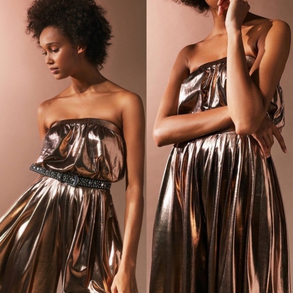 UO Hollywood Gold Copper Shiny Pleated Jumpsuit - Picture 3 of 4